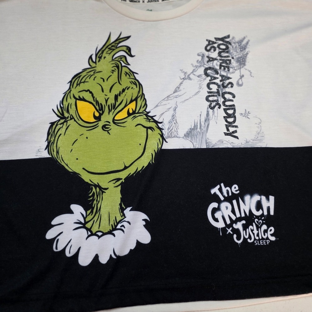 Justice Sleep The Grinch Long Sleeve Pajama Top White Black Girls Large Plus 12P - Picture 9 of 9